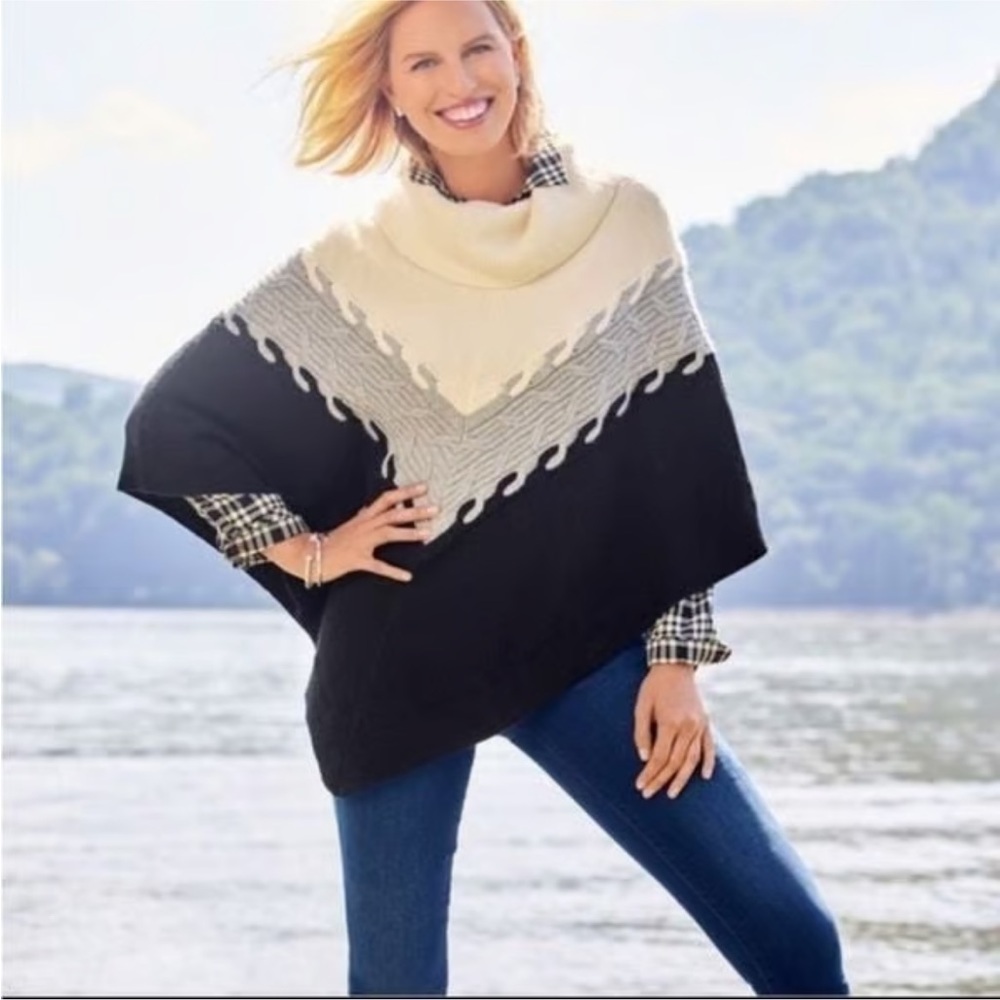 NWT Talbots Color Block Cable Knit Cowl Neck Poncho Size Small